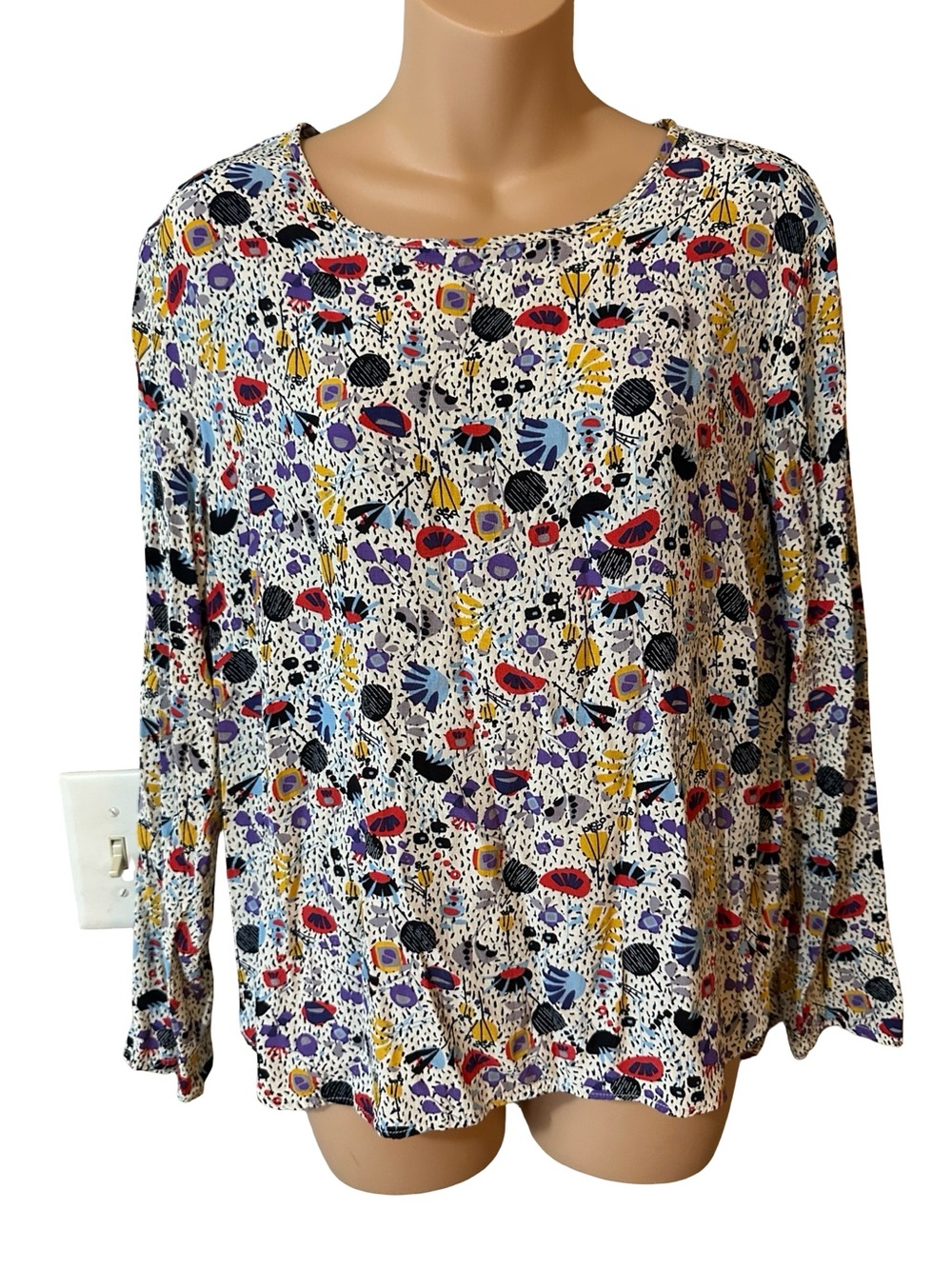H&M White Long Sleeve Multi-Color Floral Print Top